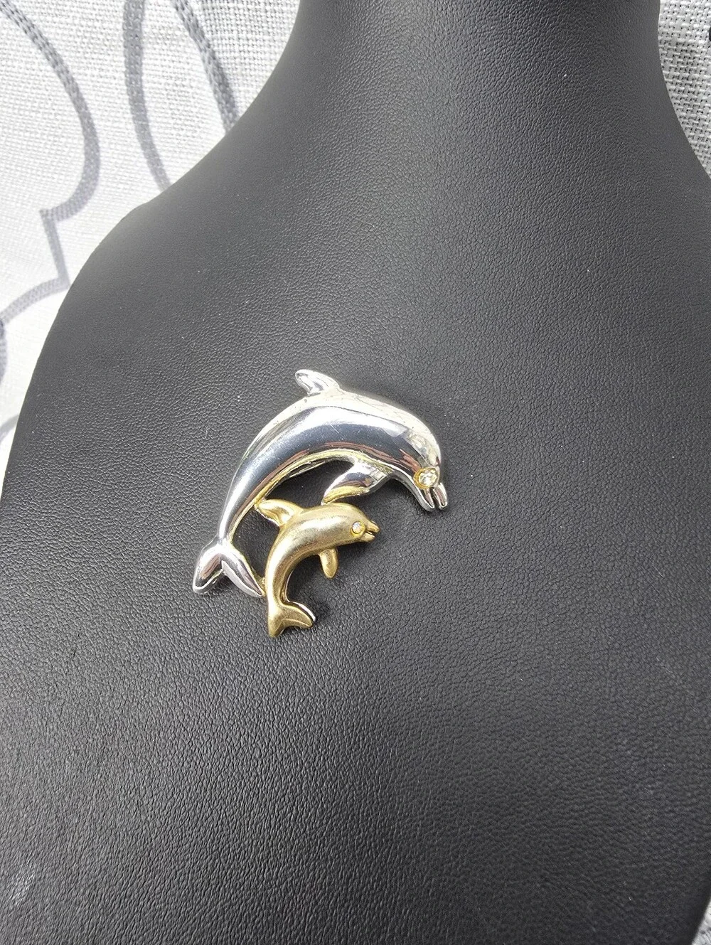 Dolphin Mama & Baby Rhinestone Eye Brooch Gold tone & Silver tone Pin